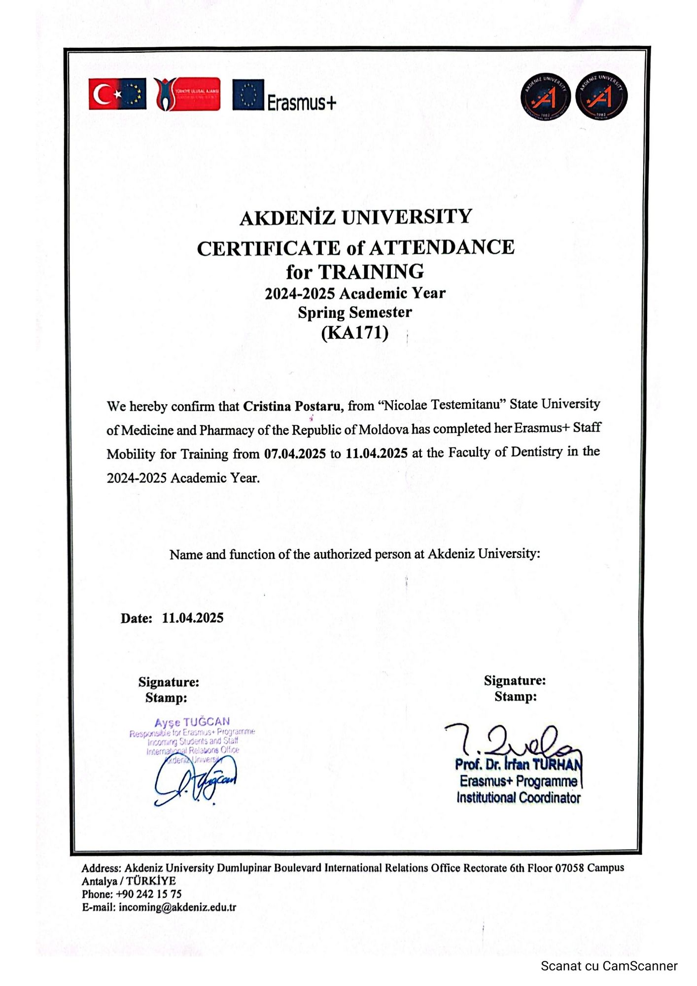 Certificat de participare la training Dr. Cristina Postaru - Erasmus+ Akdeniz University