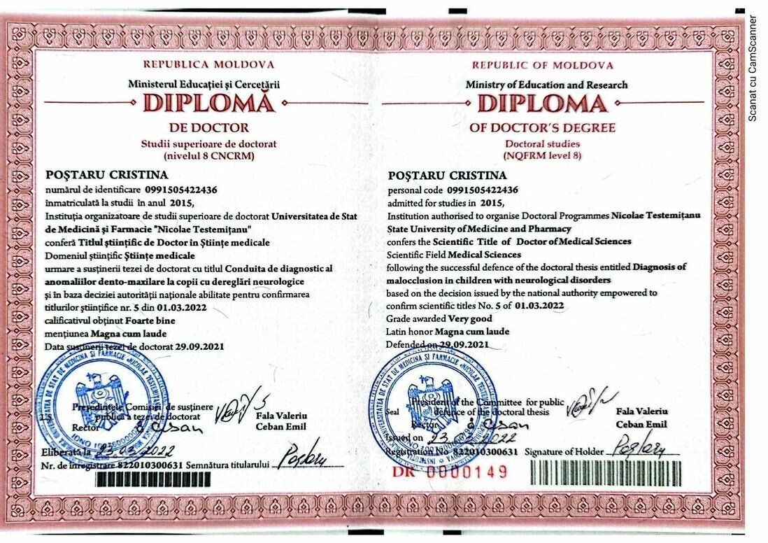 Diploma de doctor in Stiinte Medicale Dr. Cristina Postaru