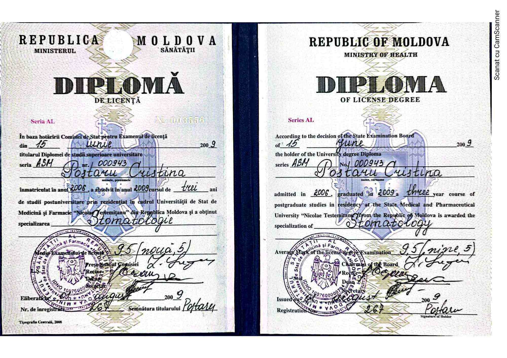 Diplomă de licență în stomatologie Dr. Cristina Postaru