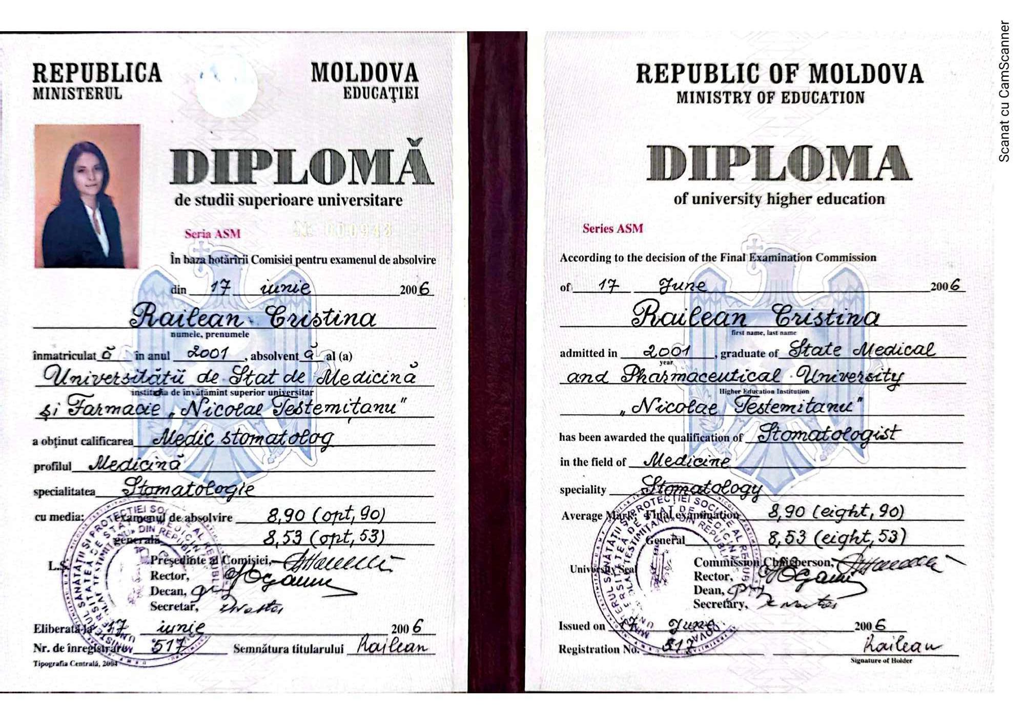 Diploma de studii superioare Dr. Railean Cristina Medic Stomatolog